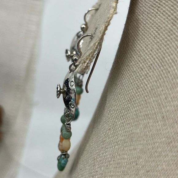 90's Handmade Sterling Silver Shell & Floral Dangle Earrings with Turquoise - Picture 6 of 15